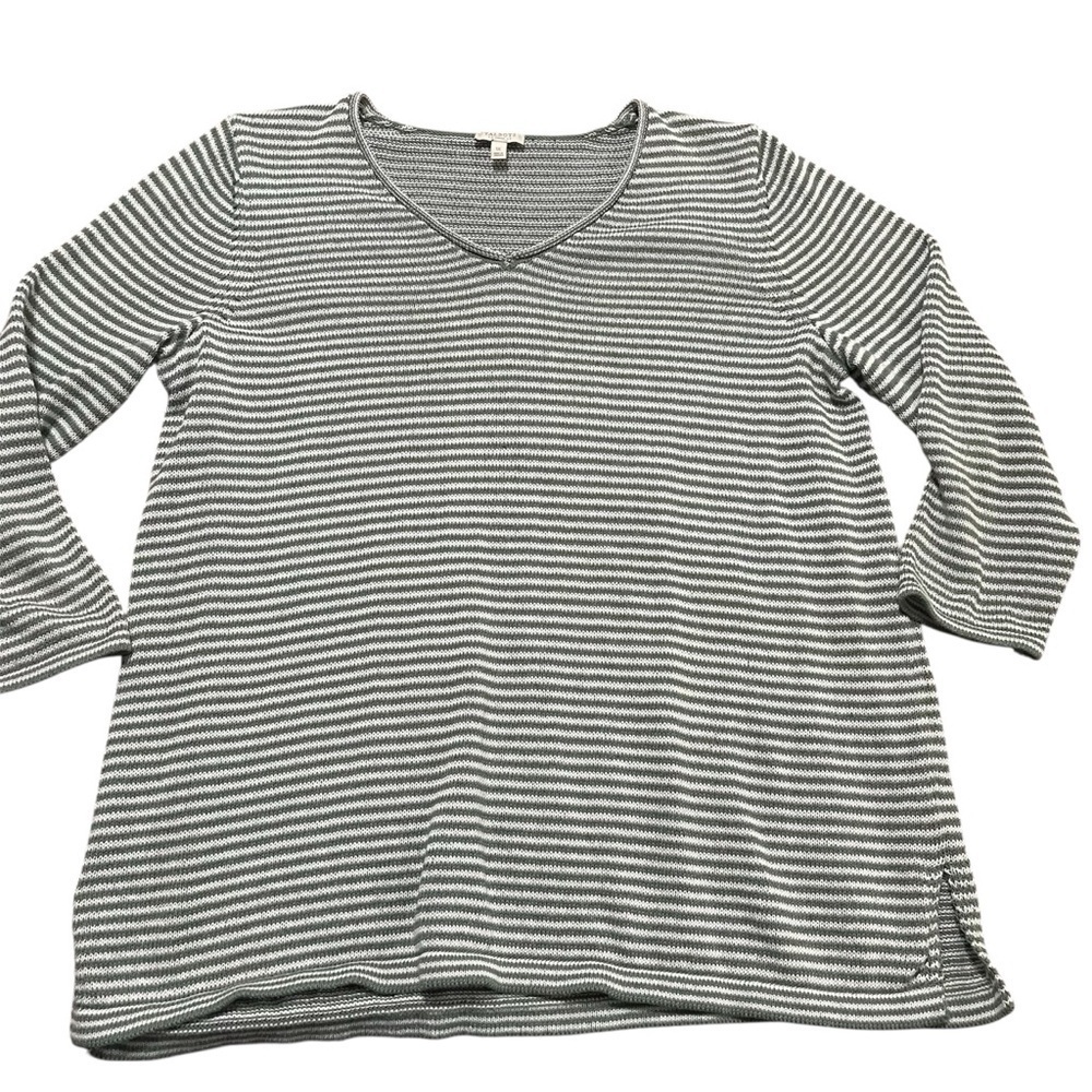 Talbots Green and White Striped V-Neck Knit Sweater Plus Size 1XL 3/4 Sleeve